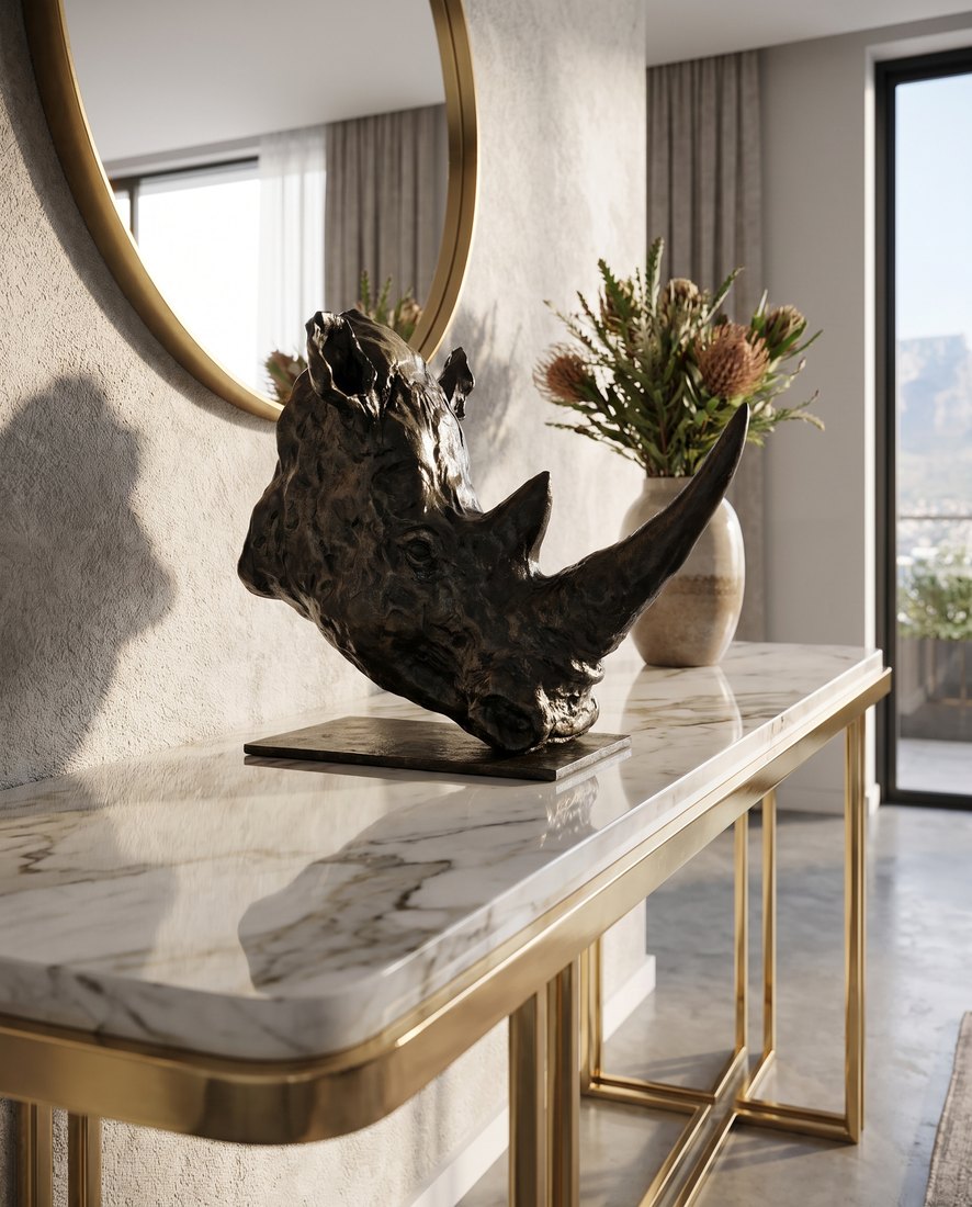 Bronze rhino sculpture styled in a contemporary interior