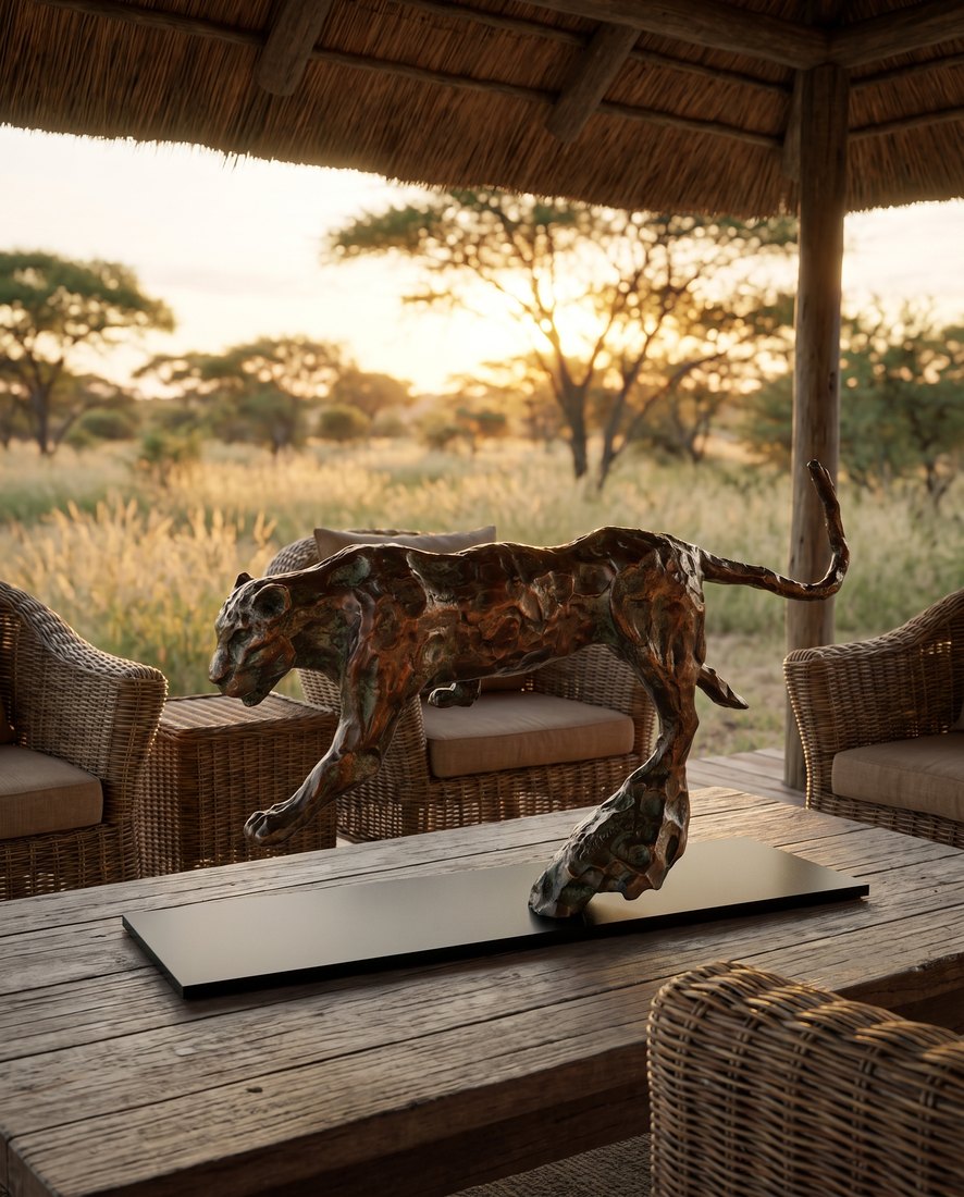 Bronze leopard sculpture on a lodge veranda at sunset
