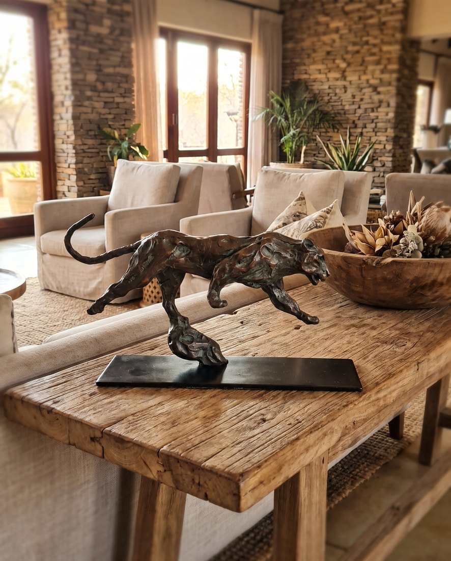 Bronze leopard sculpture in a collector's living space